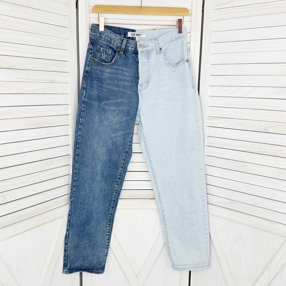 Blue Savvy Jeans Juniors 5 27 Blue Two Tone High Rise Mom Straight‎ Leg Button